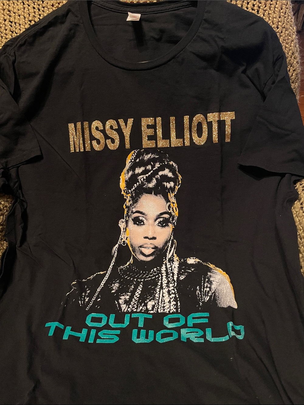 Fruit of the Loom Black Missy Elliott Graphic Tee with Gold and Teal Accents